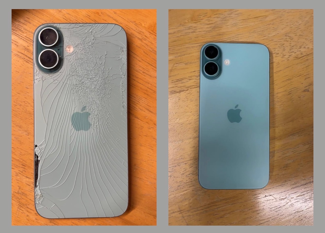 iPhone back glass — shattered before repair, flawless after